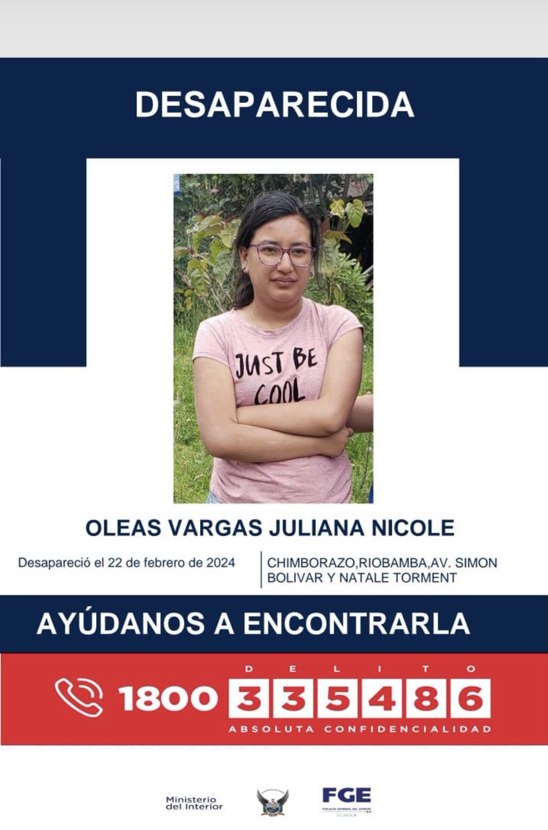 🔴🔴 #URGENTE| ¡AYÚDANOS A ENCONTRARLA!

Juliana #Oleas está desaparecida. 

Sus familiares están desesperados por ayuda. Cualquier información ponerse en contacto al número 1800 335386 o con este medio de comunicación.

Somos #Confirma ✍️