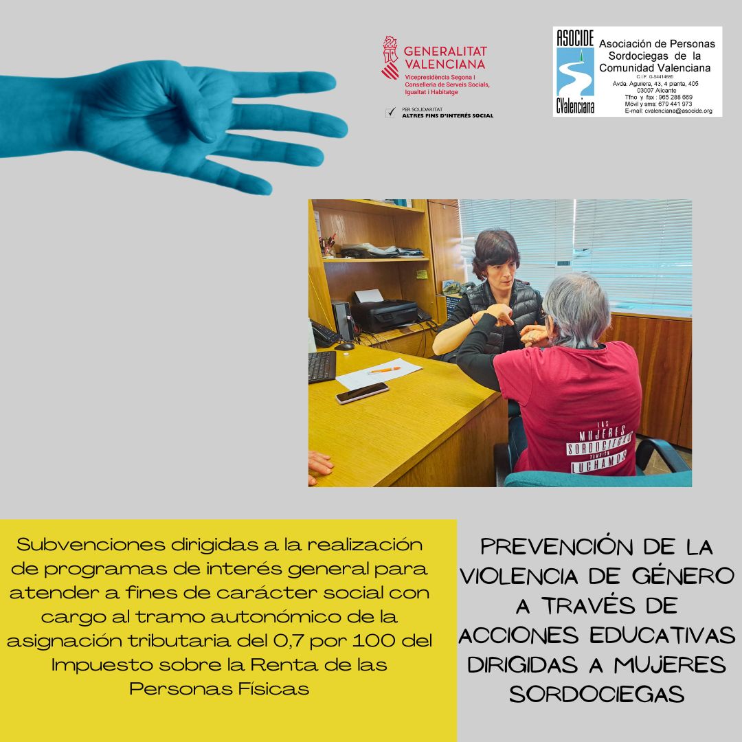 Gracias a @GVAigualtat por la subvención de IRPF 2024 para el programa Prevención de la Violencia de Género a través de acciones educativas dirigidas a mujeres Sordociegas.
2.157,96 euros seguimos desarrollando actividades sobre de prevención de la violencia de género.