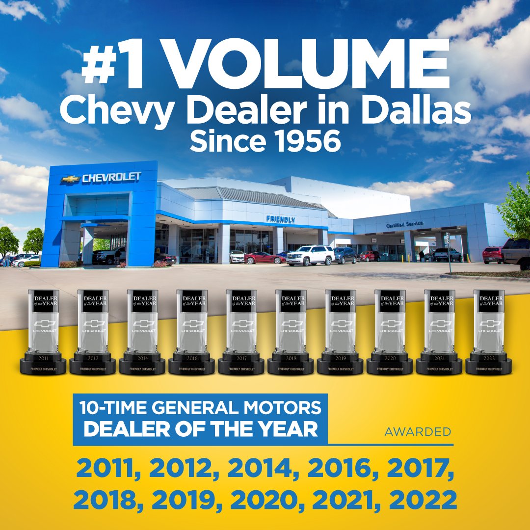 friendlychevy's tweet image. Friendly Chevrolet🚘 has been the #1Volume Chevy Dealer in Dallas Since 1956🤠 &amp;amp; as of 2022, we are a 10-time winner of General Motors Dealer of the Year Award🏆

Visit Friendly Chevy✅ (link in bio)

#DriveFriendly #DriveFriendlyDallas #FriendlyChevrolet #Chevrolet #Chevy