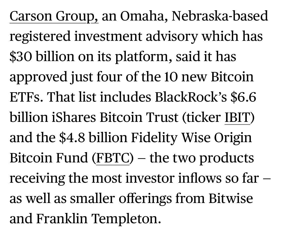 $30bil RIA Carson Group has approved four spot bitcoin ETFs on platform…  IBIT, FBTC, BITB, & EZBC. Gates just now starting to open. via @kgreifeld