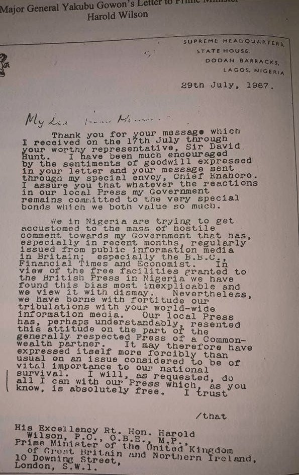 AdanniaT's tweet photo. Hey friends, I'm not done with YAKUBU GOWON yet.

This CREEP must be fully EXPOSED for who he is.  Here was his LETTER to the FORMER UK PRIME MINISTER Harold Wilson on 29th July 1967. 

The last paragraph of the second page quoted HIGHLIGHTS the core reason for the genocidal war that killed unaccountable millions of IGBO people of Nigeria 🇳🇬 

Quote from GOWON's letter. 

"For our part, we appreciate your present difficulties regarding OIL SUPPLIES and we hope to resume our contribution towards ameliorating them as soon as our internal problems are reasonably well resolved " GOWON to WILSON in 29th July 1967.

Take Note: Nigeria-Biafra Civil War officially stated on 6th July 1967.

GOWON worked with our former GREEDY COLONIAL MASTERS BRITAIN to keep their fingers on the OIL SUPPLY FROM THE SOUTH/EASTERN NIGERIA The secessionist region at war with Nigeria, who was backed by United Kingdom. 

The NETFLIX CROWN episode accurately reflected this historical incident when PM Wilson rushed to QUEEN ELIZABETH II in a sense of EMERGENCY that War had just broke out in Nigeria. The Queen deflected the report and switched to other topics. 

GOWON in this letter was trying to CENSOR BBC from reporting the situation in Nigeria to the world 🌎 

Sadly and scary, the West is still and currently using AFRICAN LEADERS TO START WARS KILLING THEIR PEOPLE, while the WEST is busy EXTRACTING AND EXPORTING THE MINERAL DEPOSITS from the country at war.

Africans MUST RISE AGAINST these greedy and evil leaders if we must  continue to EVOLVE as people or WE DIE for the WEST to take over our mineral deposits. 

Doubt me ask, Sudan and Democratic Republic of Congo (DRC)
#YakubuGowon #TheIgbo #Biafra  #NnamdiKanu #Plateau #Tinubu
#remitinubu #SeyiTinubu #BDCs #SouthEast #Nigeria #Nigerians #FULANI #kaduna #Abuja #Fuel #Naira #Dollar #1USD #Hunger #Yorubas #Lagos #WestAfrica #ECOWAS #Africans #Imperialfamily
#Colonialism #UnitedKingdom #Netflix #Crown