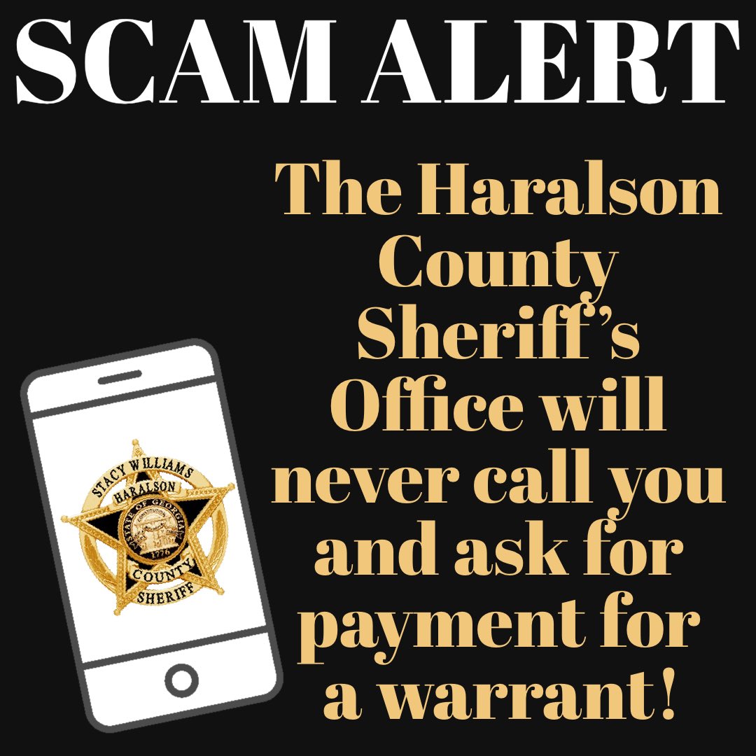 HaralsonSheriff's tweet photo. We will never call you and ask for money. Especially to “take care of a warrant”.
It’s not us.
Do not fall for it.
#DontFallForIt
#ItsNotUs
#OutsmartScammers
#HCSO https://t.co/gVi1e4nEDr