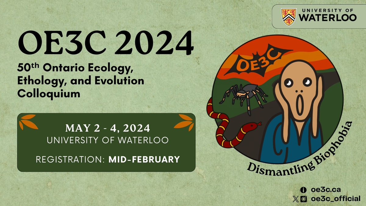 Save the date! The @oe3c_official conference is coming to Waterloo in May! Run by students for students the conference will highlight cutting edge research in ecology, ethology and evolution. For more details visit oe3c2024.wixsite.com/uwaterloo