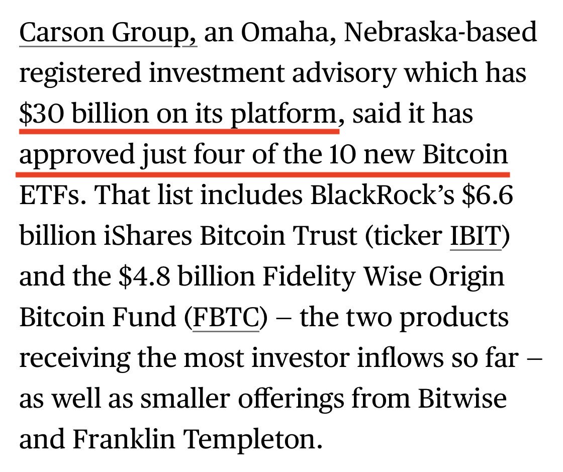 CONFIRMED‼️ Four spot #Bitcoin ETFs have been approved on the $30 BILLION advisor network platform by the Carson Group.

Inflows gonna flood in... 🌊🌊🌊

🫡 <a href="/kgreifeld/">Katie Greifeld</a>