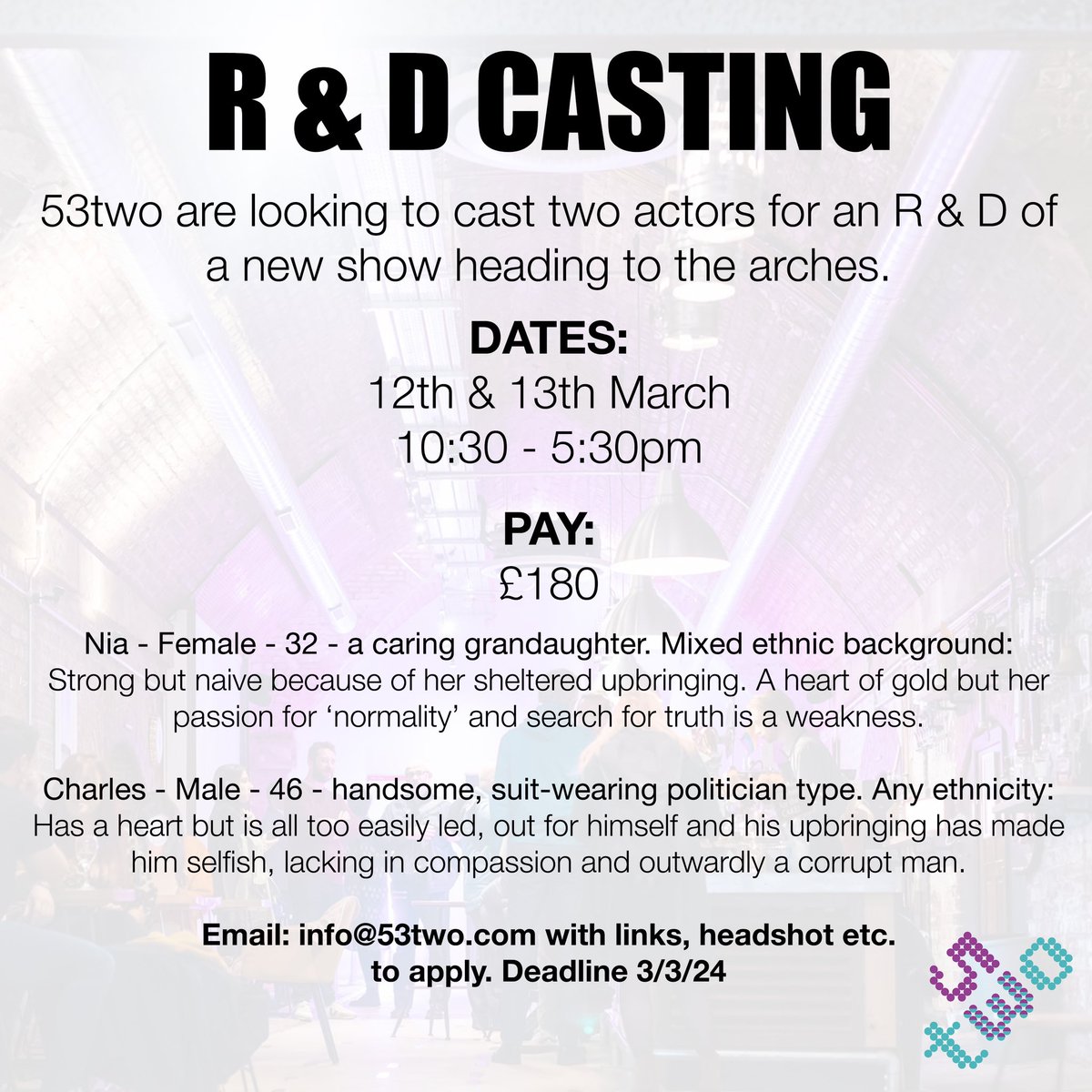 Come on then, let’s be having you! 

Please apply through the proper channels, as instructed. 💙💜

#Manchester #Mcr #Theatre #RnD #Casting