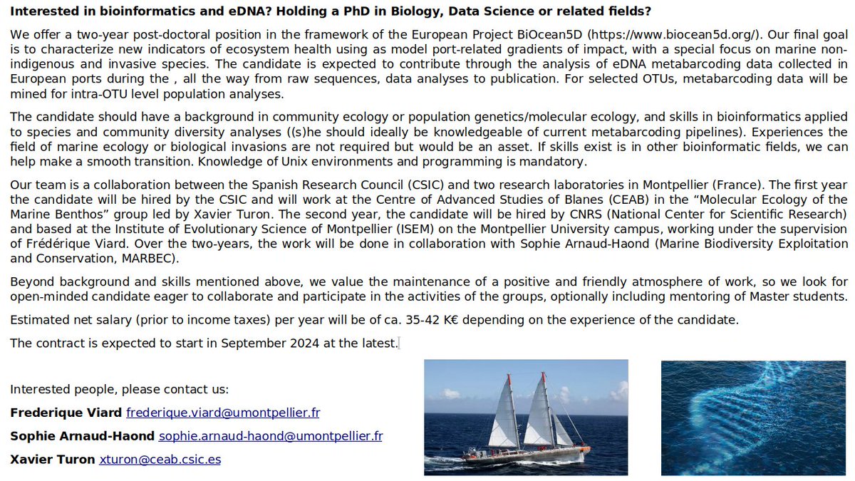 Unable to decide between Spain or France to apply for your dream #metabarcoding postdoc? Why not both?
Position with <a href="/Fred__Viard/">Frédérique Viard</a> @xavierturon &amp; Sophie Arnaud-Haond on Project <a href="/BIOcean5/">BIOcean5D</a>. #marine #eDNA #environmental #bioinformatics
Apply soon! Position is open until filled.
