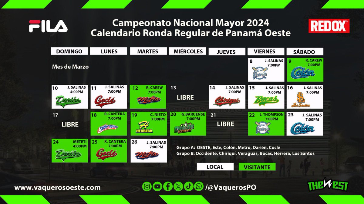 ¡CALENDARIO RONDA REGULAR! 🤠 El viernes 8 de marzo inicia el Campeonato Nacional Mayor 2024. 

Te dejamos el calendario de la ronda regular para Los Vaqueros. 

#VamosVaqueros