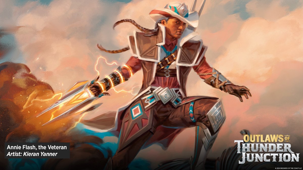 Rounding out Oko's gang? Kellan, Vraska, Rakdos, and Annie Flash - a new character of a 'Atiin' a nomadic people, based on the Navajo, developed with cultural consultants! #MTGThunder
