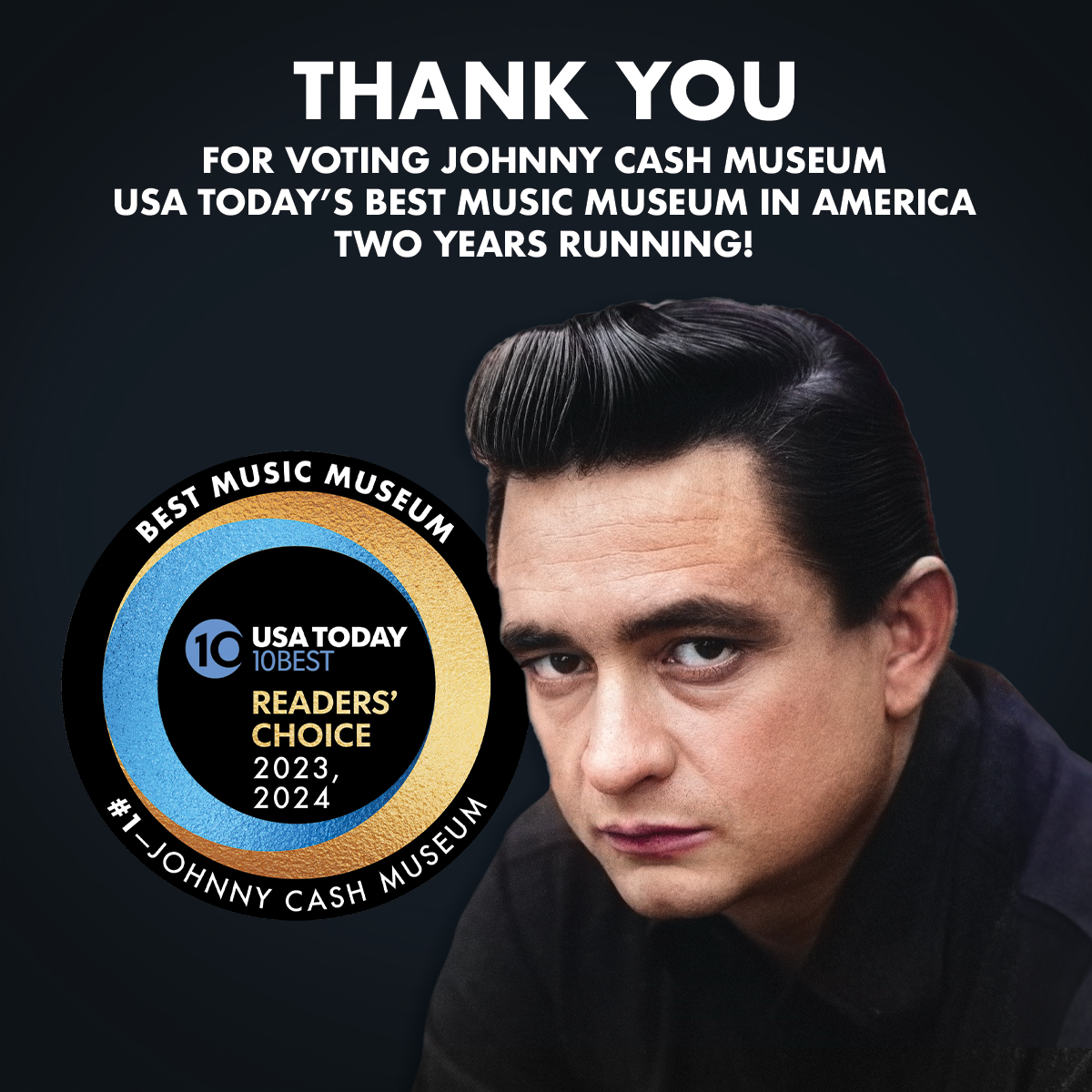 The @CashMuseum has been named the Best Music Museum for the 2024 USAToday's 10Best Music Museums in America! This is the museum’s second consecutive year with the title, establishing it as the only museum to achieve the recognition twice in a row 🏆🖤