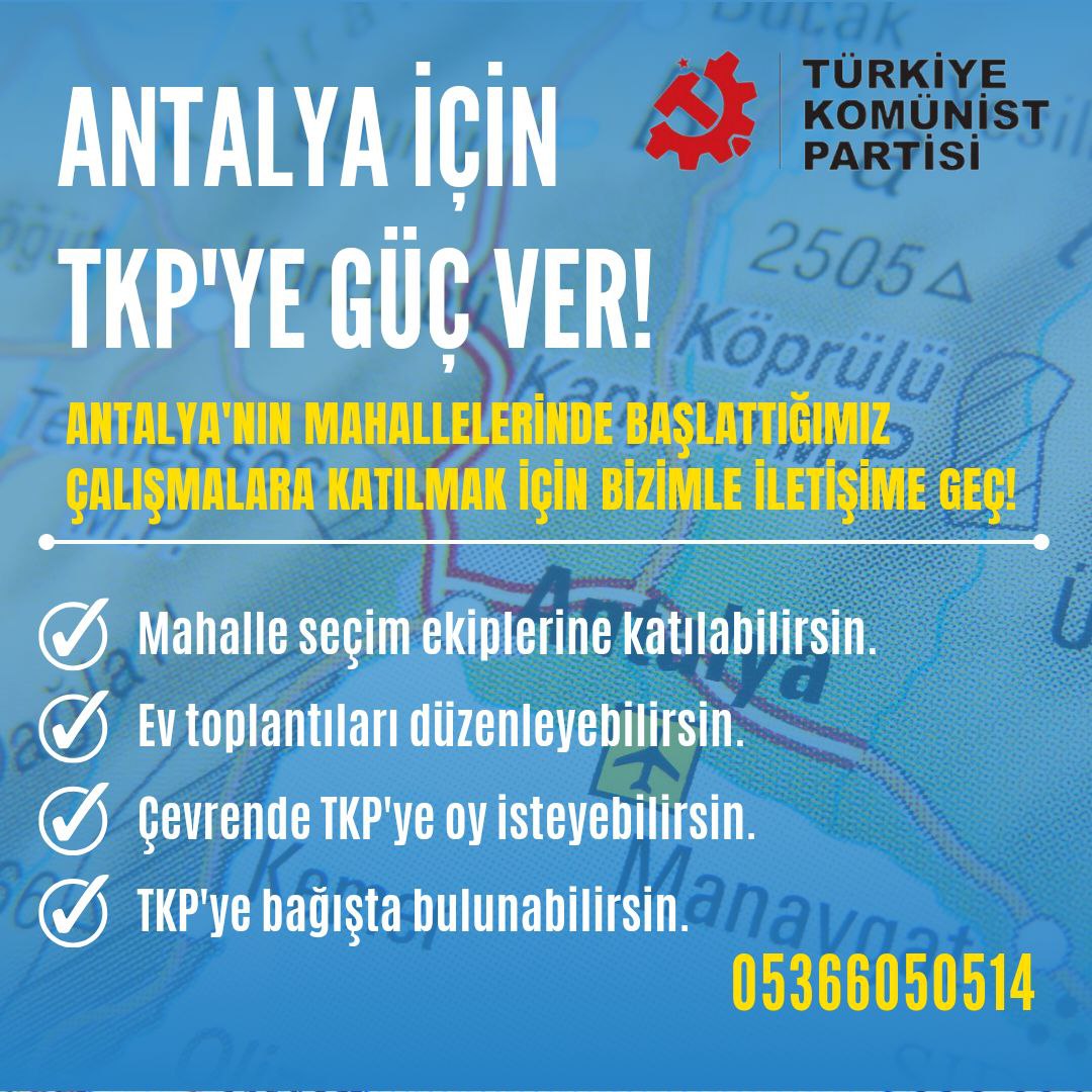 #Antalya'yı zübüklerden kurtarmak için yola koyulduk.

📣 Siz de Antalya'nın ilçelerinde kurduğumuz seçim ekiplerine katılabilir, ev toplantısı düzenleyebilir, seçim çalışmalarımızı çevrenizle paylaşabilirsiniz.

📌 Bizimle iletişime geçin!
#OylarTKPye