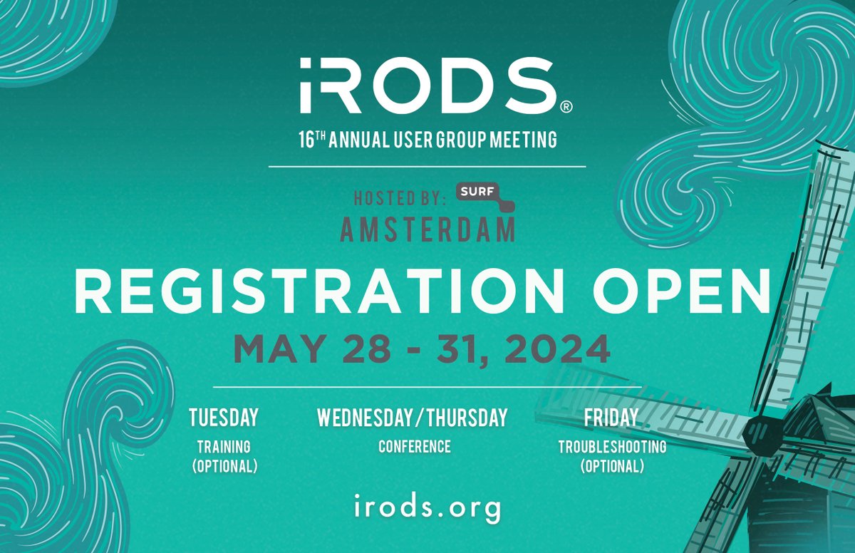 RENCI's tweet photo. Registration is open for the 16th Annual @iRODS User Group Meeting! #iRODSUGM 2024 will be held May 28-31, 2024  in Amsterdam, NL + will be hosted by @SURF_NL. Don't miss your chance to connect with the worldwide #iRODS user community! #datamanagement

https://t.co/exUyjdydyn https://t.co/XyMN6OfbDC