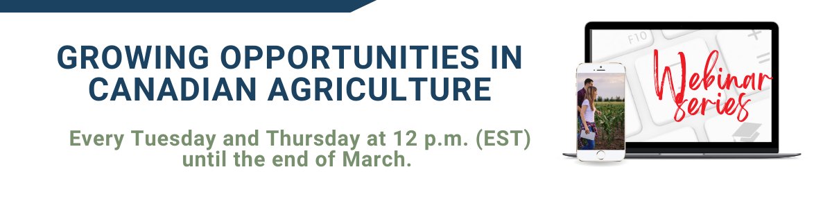 Growing Opportunities in Canadian Ag: Join our webinar series exploring potential careers in ag &amp; their impact. On Tuesdays &amp; Thursdays <a href="/1/">1</a> pm (EST) (ends March 28).
🔗: ow.ly/eYpm50QHio2
Next week: Tues, Feb 27, 1 pm – Into the Vines, with Bruce Ewert of L'Acadie Vineyards