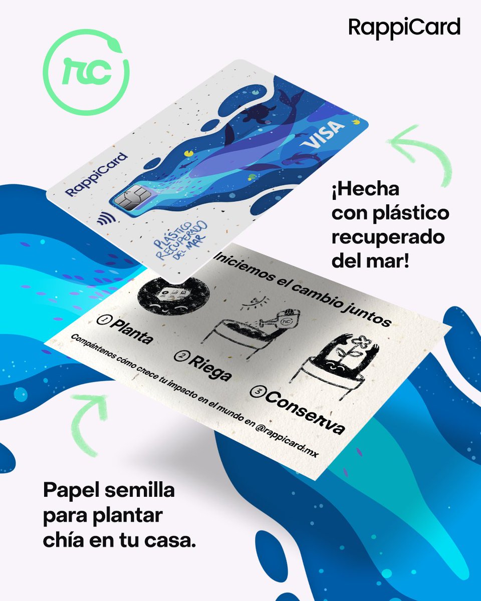 rappicardmx's tweet photo. ¡Llega Ocean Plastic! Nuestra primera tarjeta hecha con plástico recuperado del mar.💳🌊
Al pedirla recibes también un papel semilla para tener una planta de chía en casa. 🍃 ¡Dale 💙!
#RappiCard #UnaGenilidadDeTarjeta #TarjetaDeCrédito #RappiCardSostenible https://t.co/VDqNHjIrzC