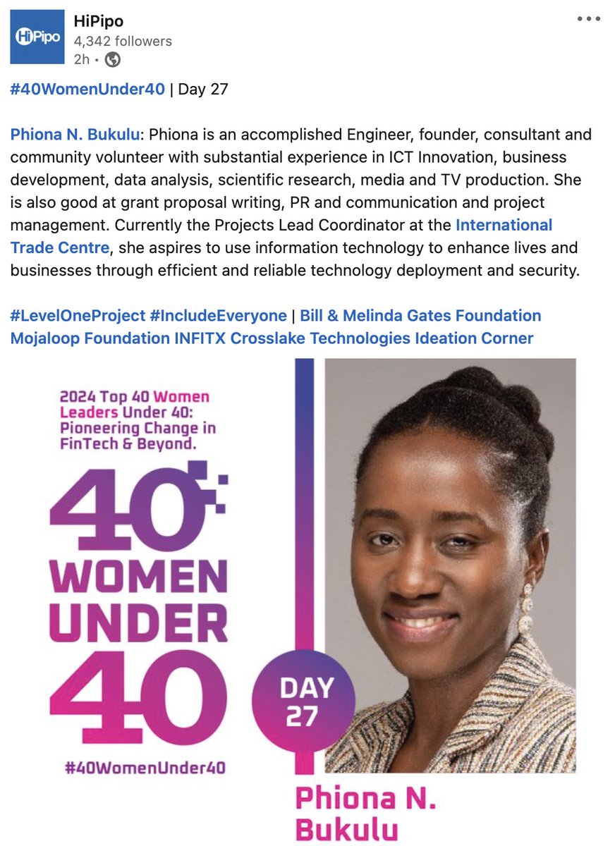 phionabukulu's tweet photo. I am deeply humbled by the @hipipo team. To serve my nation and its people will always be at the core of everything I do. Praise be to God. 

#LevelOneProject #IncludeEveryone | @IdeationCorner 
#womenintech #womeninleadership #womeninfintech #techenthusiast 
#womeninfintech https://t.co/tU719smPWQ