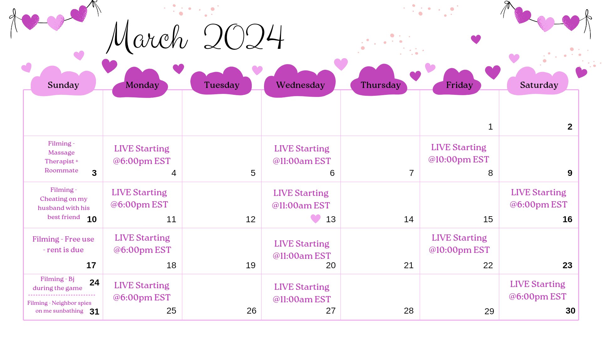 𝑭𝒓𝒆𝒚 𝑩𝒆𝒆 on X: Marchs live stream schedule! 💜 15+ Min. No PPV porn  video per week - free entry live streams 3xs a week - daily nudes - customs  - open