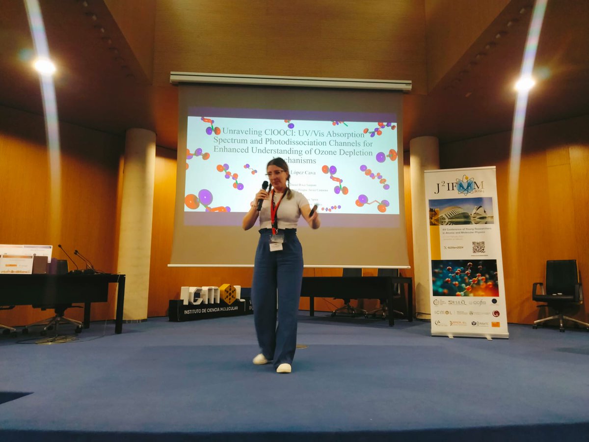 Cristina López Cava, from Instituto de Ciencia Molecular (ICMol-UV) is presenting her work related with “Unraveling ClOOCl: UV/Vis Absorption Spectrum, Cross Sections, and Photodissociation Channels for Enhanced Understanding of Ozone Depletion Mechanisms” #J2IFAM2024