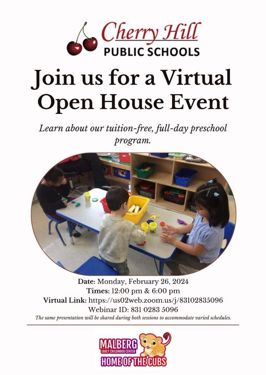 REMINDER: WE invite all prospective CHPS preschool families to join our Virtual Open House on 2/26/24 at noon & 6 pm. Learn about our tuition-free, full-day preschool program! 2 sessions, same presentation. Sign on at us02web.zoom.us/j/83102835096 Webinar ID: 831 0283 5096 #WEareCHPS