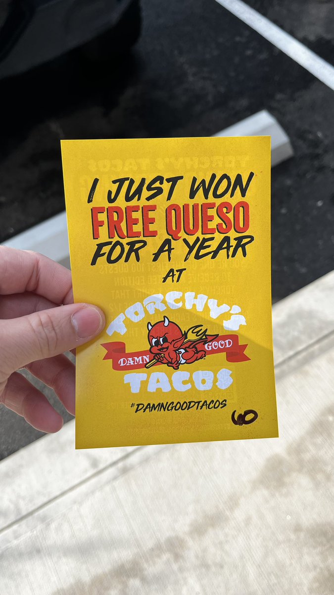 _JCannon_'s tweet photo. I just won FREE queso for a year at torchy’s tacos! @torchystacos https://t.co/4DwSmNsHwK