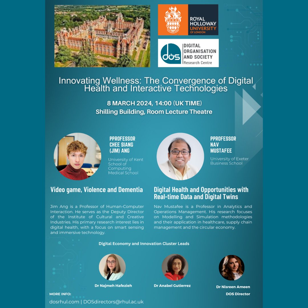 Royal Holloway University Business and Management (@rhulmanagement) on Twitter photo <a href="/dosrhul/">DOS Research Group</a> Seminar Alert 📢 ‘Innovating Wellness: The Convergence of Digital Health and Interactive Technologies’. Join <a href="/anabelsgm/">Anabel Gutierrez</a> <a href="/Najmehafezieh/">Najmeh Hafezieh</a> <a href="/ameen_nisreen/">Dr. Nisreen Ameen</a> on 8 March to welcome the guest speakers for an interesting discussion <a href="/dosrhul/">DOS Research Group</a> Seminar Alert 📢 ‘Innovating Wellness: The Convergence of Digital Health and Interactive Technologies’. Join <a href="/anabelsgm/">Anabel Gutierrez</a> <a href="/Najmehafezieh/">Najmeh Hafezieh</a> <a href="/ameen_nisreen/">Dr. Nisreen Ameen</a> on 8 March to welcome the guest speakers for an interesting discussion