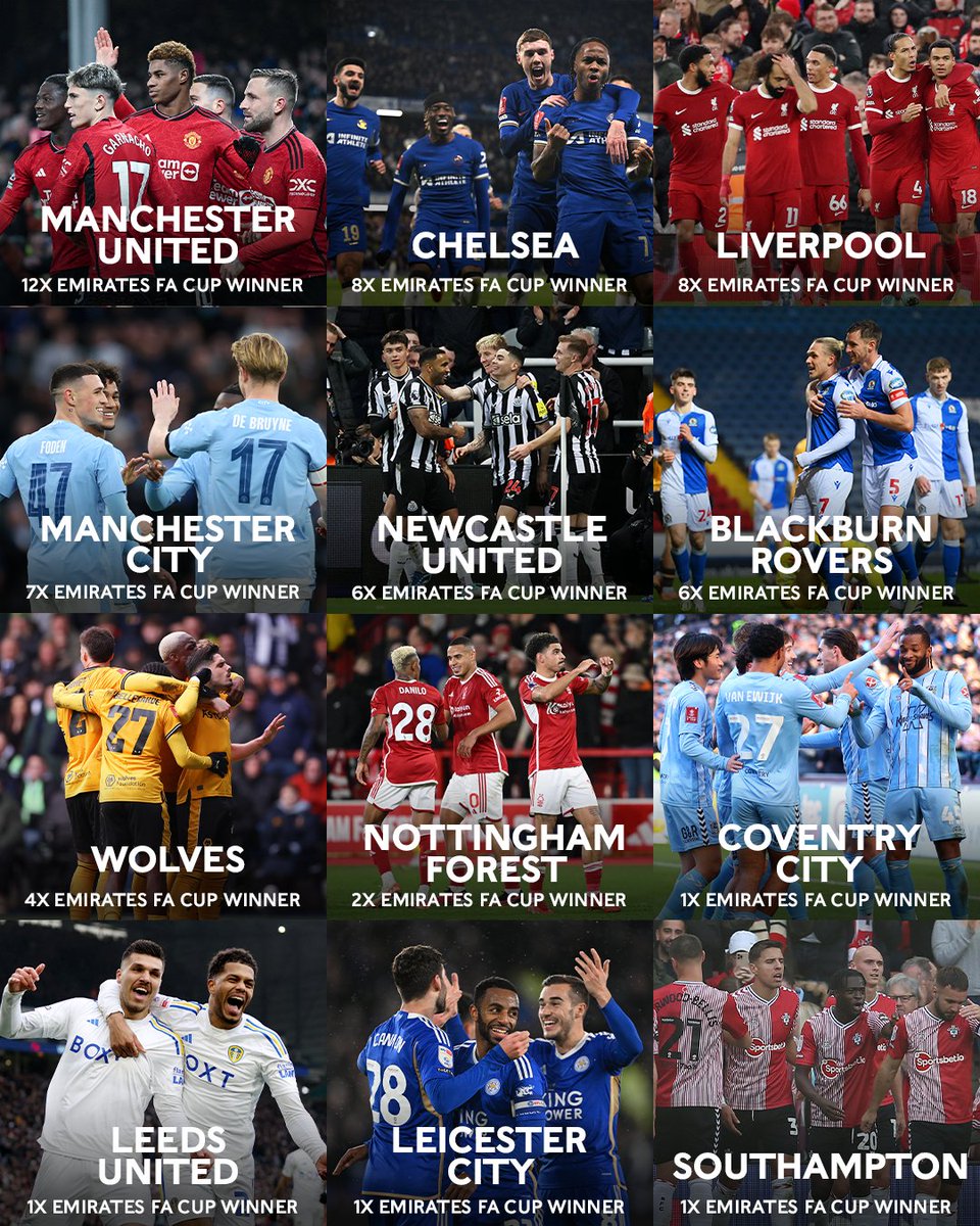 EmiratesFACup's tweet photo. The past #EmiratesFACup winners competing in the fifth round 🏆

Will any of them be crowned cup winners again this season? 👀 https://t.co/EXVqZxmvwF