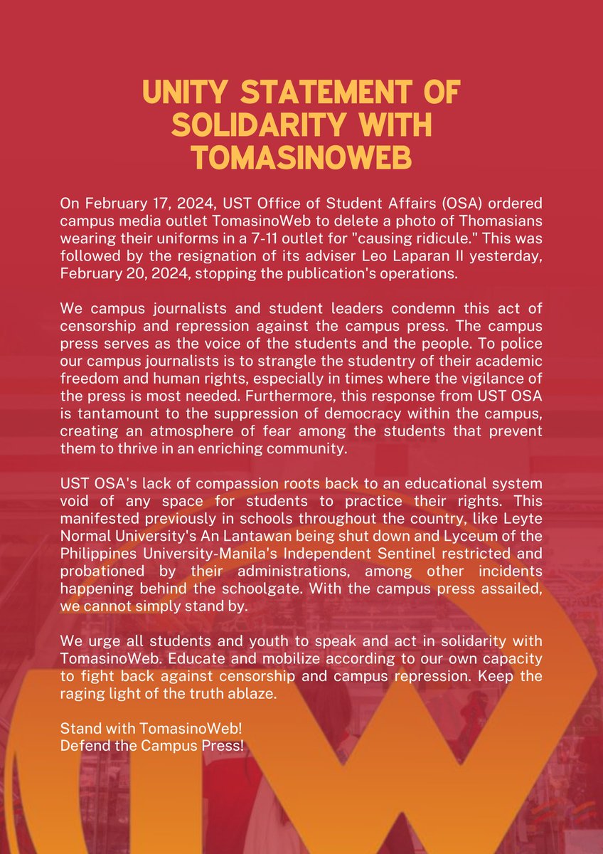 UPDATED UNITY STATEMENT: In response to comments of those we invited to sign, we added clasuses on the relation of campus repression to press freedom.

tinyurl.com/STANDwithTomas…

#StandWithTomasinoWeb
#HoldTheLineTW
#DefendPressFreedom