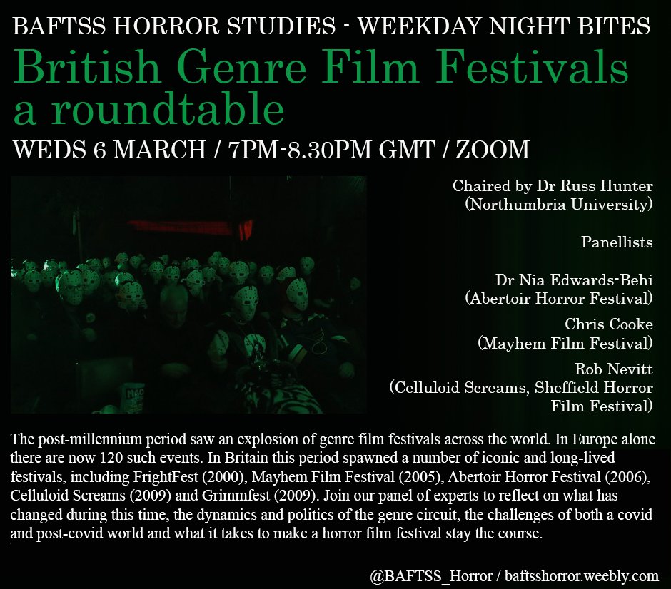 Horror Studies - BAFTSS SIG (@baftss_horror) on Twitter photo We're back! Our next event on 6th March is a panel discussion on UK horror & genre festivals, chaired by <a href="/Sorgono/">Russ Hunter</a> and feat. experts from <a href="/AbertoirFest/">Abertoir Horror Festival</a> <a href="/mayhem_festival/">Mayhem Film Festival</a> <a href="/sheffhorrorfest/">Celluloid Screams</a> - registration is free and open to everyone! JOIN US forms.office.com/e/hghMVyqQMi We're back! Our next event on 6th March is a panel discussion on UK horror & genre festivals, chaired by <a href="/Sorgono/">Russ Hunter</a> and feat. experts from <a href="/AbertoirFest/">Abertoir Horror Festival</a> <a href="/mayhem_festival/">Mayhem Film Festival</a> <a href="/sheffhorrorfest/">Celluloid Screams</a> - registration is free and open to everyone! JOIN US forms.office.com/e/hghMVyqQMi