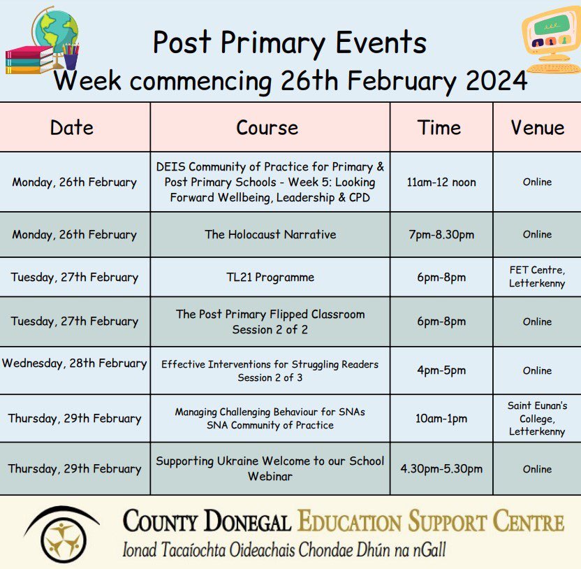 EdCentreDonegal's tweet photo. 🔴🔵🟣 Check out what events are on for primary and post primary schools next week at the Donegal Education Support Centre 🔴🔵🟣 
Click the link to register - https://t.co/uqevcYS6IE https://t.co/IMEuRkSOYl