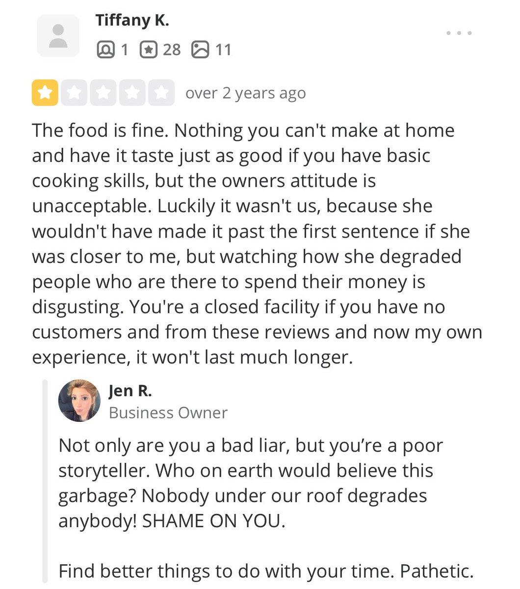 Jen Royle is a terrible person and should not be a restaurant owner. Here’s just a very small sample of the replies to negative reviews for Table Boston on Yelp. Mind you there are countless reviews saying the same thing that she berates and belittles her customers.
