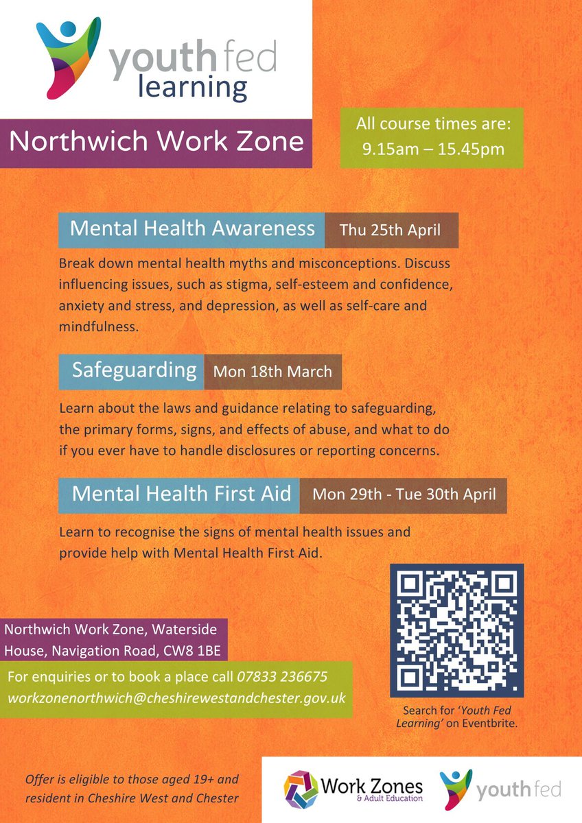 🌟Don't miss upcoming workshops by <a href="/YouthFederation/">Youth Fed</a> at Northwich Work Zone in March/April! Learn about Mental Health Awareness, Self-esteem, Stigma, Anxiety,  Depression, Safeguarding, and Mental First Aid. Equip yourself to support others! #Workshops #MentalHealthAwareness🧠💼
