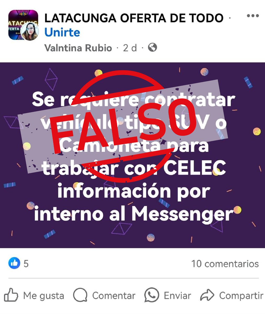 CELECEPOficial's tweet photo. Informamos que las publicaciones en redes sociales sobre contrataciones de vehículos por parte de CELEC EP son falsas. La Corporación realiza todos sus procesos de contratación, de manera formal, a través de los canales que establecen las leyes y normativas vigentes. https://t.co/4KmaRIxXZi