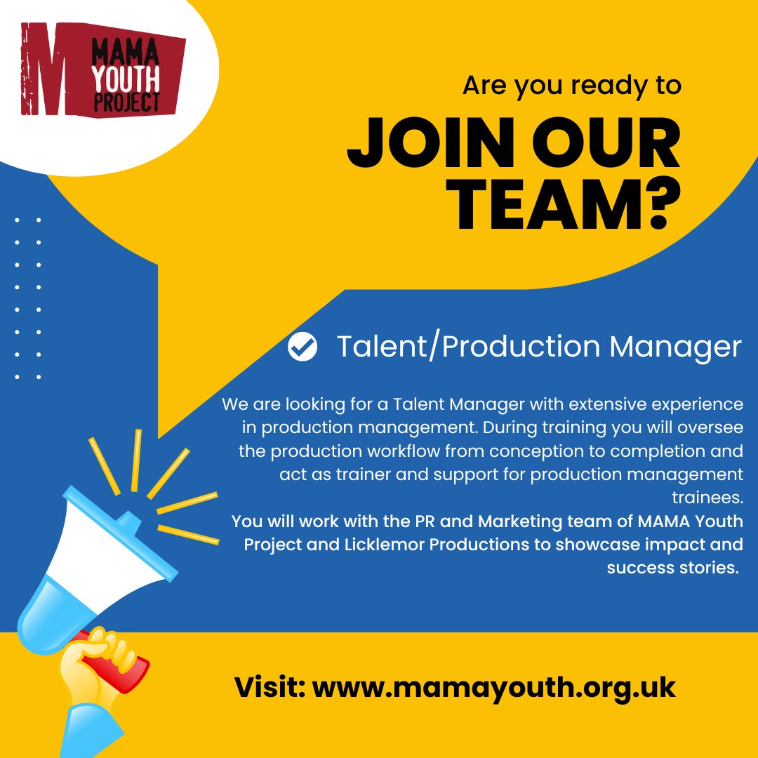 ⚠️ LESS THAN 2 WEEKS TO APPLY! ⚠️ We are looking for a Talent Manager with experience in production management. Please submit your CV and supporting statement to: cristina@mamayouthproject.org.uk Full description ➡️ ow.ly/3CXy50QH9lU #mediajobs #talentmanager