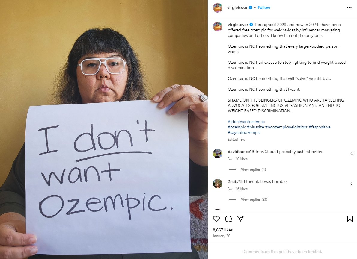 Ontario Today, Feb. 23: Is Ozempic undercutting the body positivity movement? And is Ozempic changing the way we feel about our bodies? Call us between noon and 1pm: 1-888-817-8995 (This is influencer Virgie Tovar. This is from her Instagram page.)