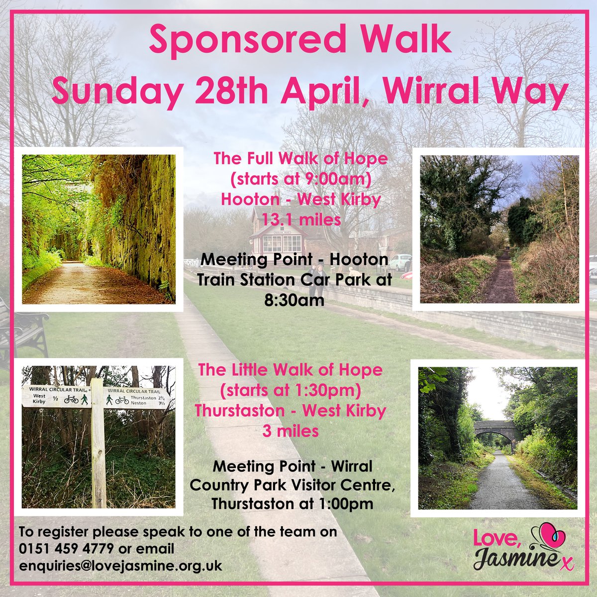 Our first ever sponsored walk is taking place on Sunday 28th April along the Wirral Way and we'd love it if you could join us.

If you'd like to take part, please email enquiries@lovejasmine.org.uk.

#bereavedfamilies #localcharity #exercise #nature #lovejasmine #adventure