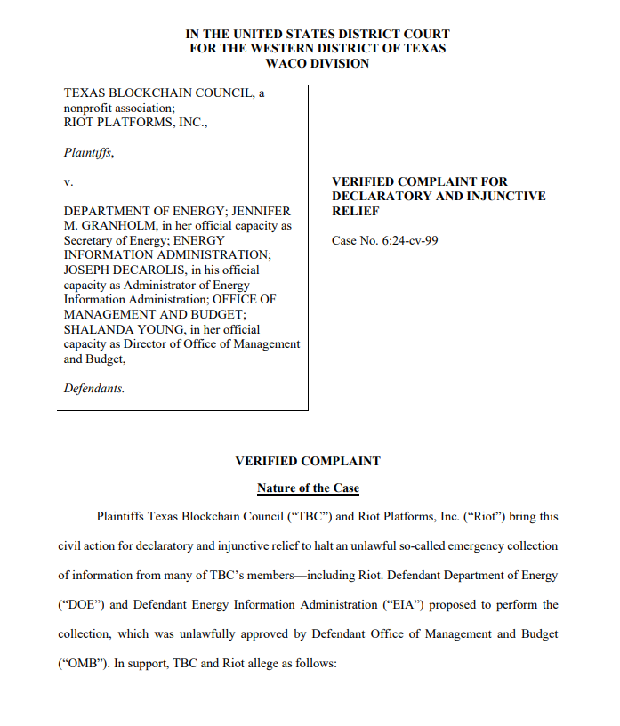 The <a href="/TXblockchain_/">Texas Blockchain Council</a> and <a href="/RiotPlatforms/">Riot Platforms, Inc.</a> are suing the Dept of Energy over a mandated survey of Bitcoin miners' electricity usage: eia.gov/pressroom/rele…

Asking for a TRO against the survey: storage.courtlistener.com/recap/gov.usco…