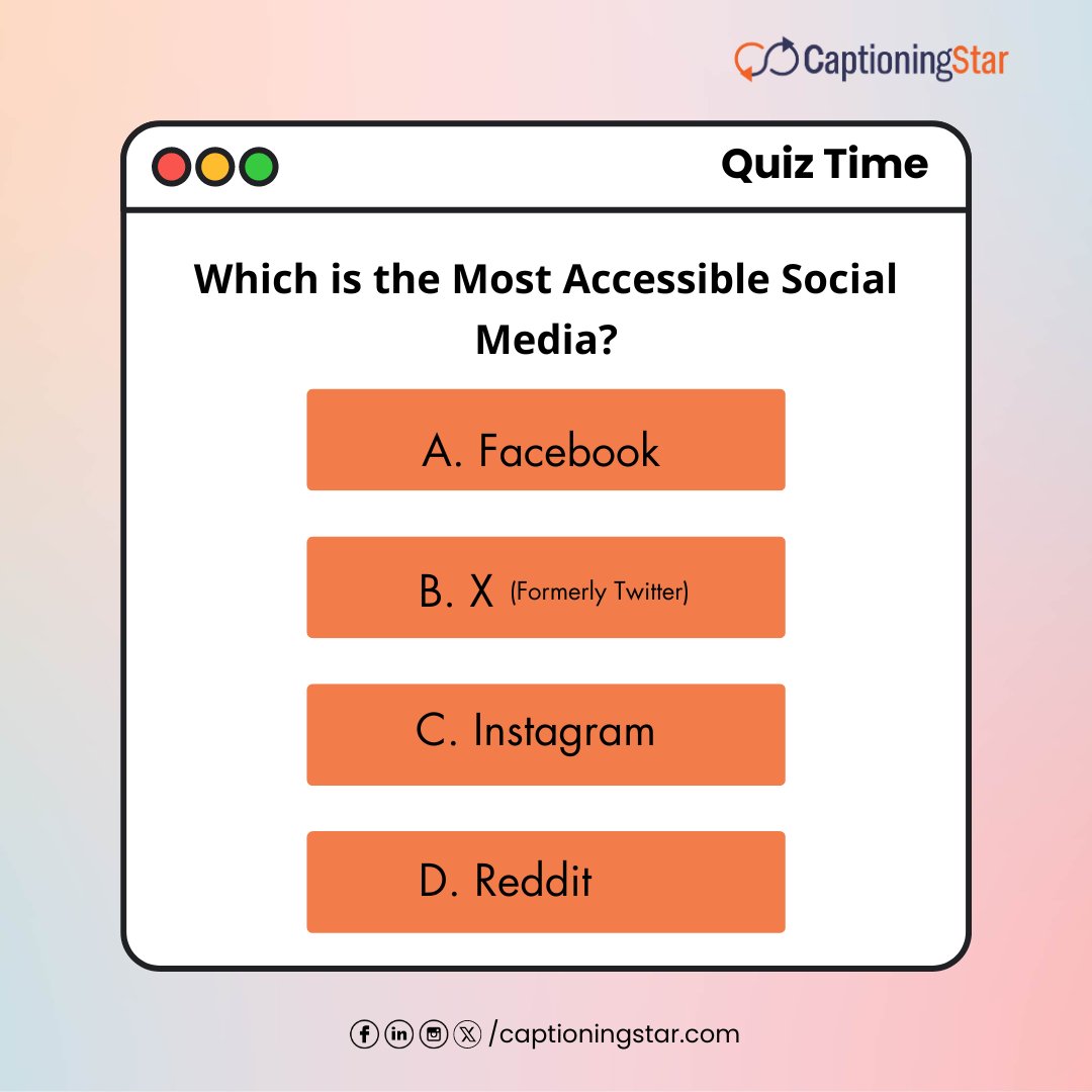 captioningstar's tweet photo. It's Quiz Time!

Guess the Right Answer in the comments and become our Quizmaster. 

#accessibility #quiztime #ai #accessibilitymatters #captioningstar #answers https://t.co/529ZY8fjIi