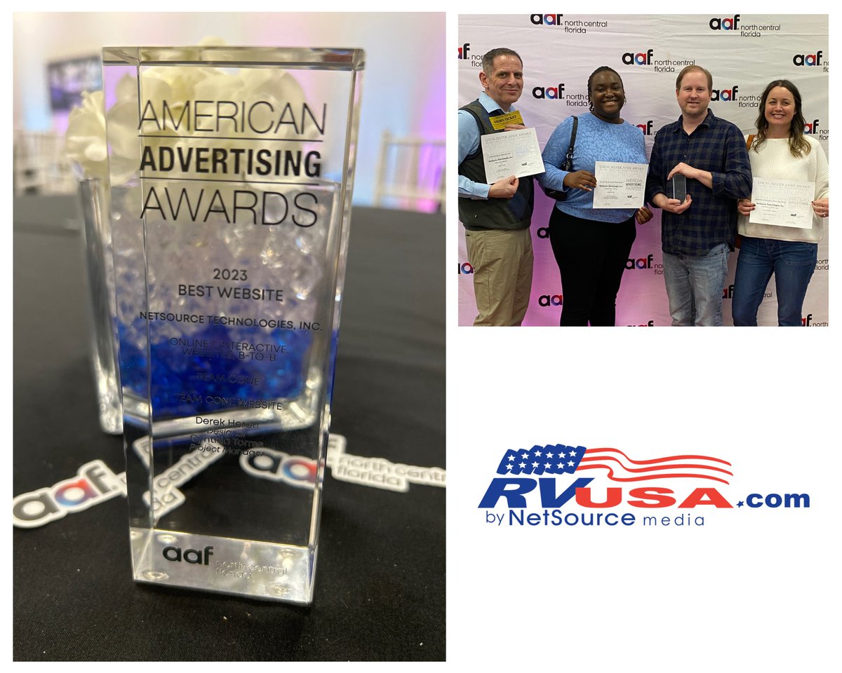 RVUSA's tweet image. NetSource cleaned house @ last night&apos;s American Advertising Federation of North Central Florida ADDY Awards!  3 Silver Awards &amp;amp; “Best in Category” for 1 of our client websites. Plus great food from #CilantroTacos and drinks from #DaftCowBrewery #TeamNetSource #NetSourceDifference