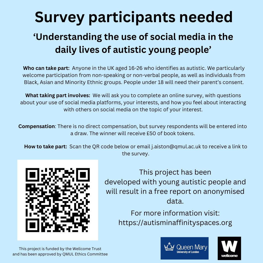 Our colleagues are looking for young autistic people (aged 16-26, diagnosis not required) in the UK to take part in a survey about *social media use*

The survey is open until March 31st (see poster for details).

Project website: autisminaffinityspaces.org