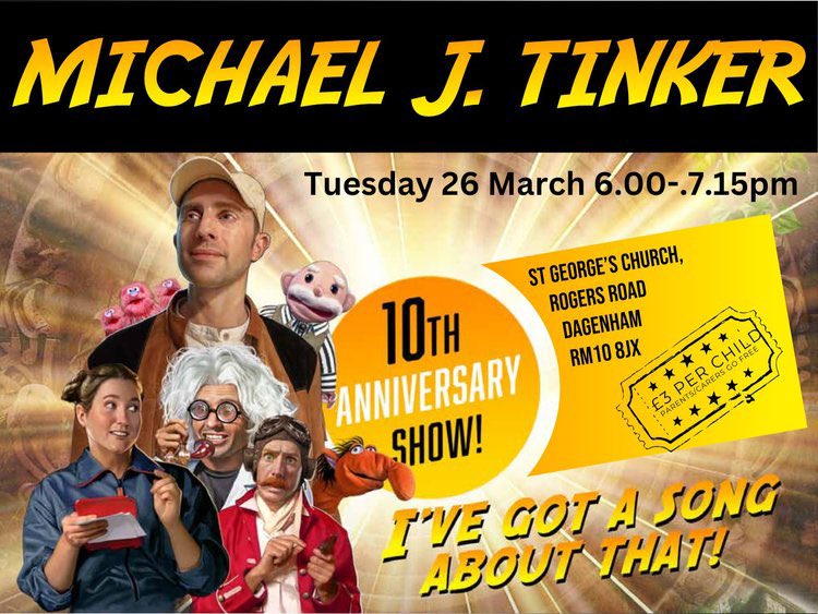 stgeorgesdag's tweet photo. Children’s songwriter Michael Tinker is coming to Dagenham on 26 March! Musical fun for all the family, with the gospel message at its heart. Book online https://t.co/jVF16AAtWk https://t.co/BjRQv3zrhn