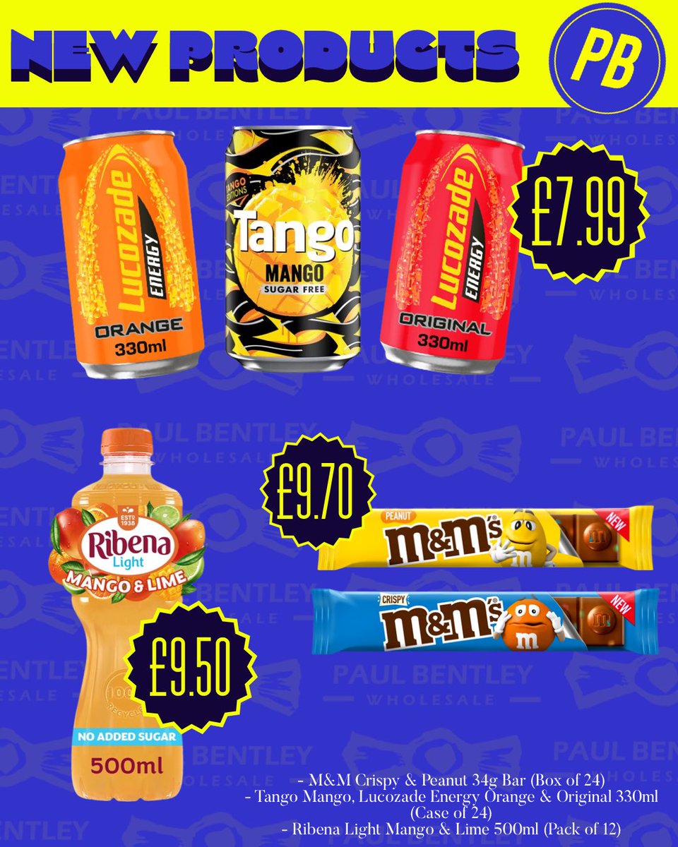 ‼️ New Products Alert ‼️

Check out the new products we have in stock ready for you to enjoy along with prices just as delicious!

🥭Tango Mango Can
🧡 Lucozade Energy Can
💛 Lucozade Energy Can
💚 Ribena Light Mango &amp; Lime 500ml
💙 M&amp;M Crispy Bar
💛 M&amp;M Peanut Bar
-
-
-
-