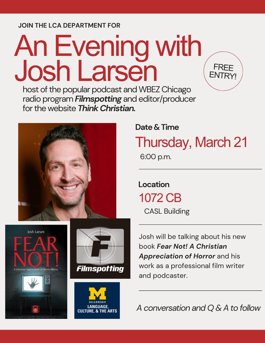 Nick Iannarino (@niannarino) on Twitter photo So excited to announce that <a href="/filmspotting/">Filmspotting</a> co-host + <a href="/thinkchristian/">Think Christian</a> editor/producer Josh Larsen (<a href="/LarsenOnFilm/">Josh Larsen</a>) is visiting <a href="/UMDearbornCASL/">UM-Dearborn CASL</a> to talk about his great book Fear Not: A Christian Appreciation of Horror. Thrilled to have Josh in Metro Detroit. Free and open to all! So excited to announce that <a href="/filmspotting/">Filmspotting</a> co-host + <a href="/thinkchristian/">Think Christian</a> editor/producer Josh Larsen (<a href="/LarsenOnFilm/">Josh Larsen</a>) is visiting <a href="/UMDearbornCASL/">UM-Dearborn CASL</a> to talk about his great book Fear Not: A Christian Appreciation of Horror. Thrilled to have Josh in Metro Detroit. Free and open to all!