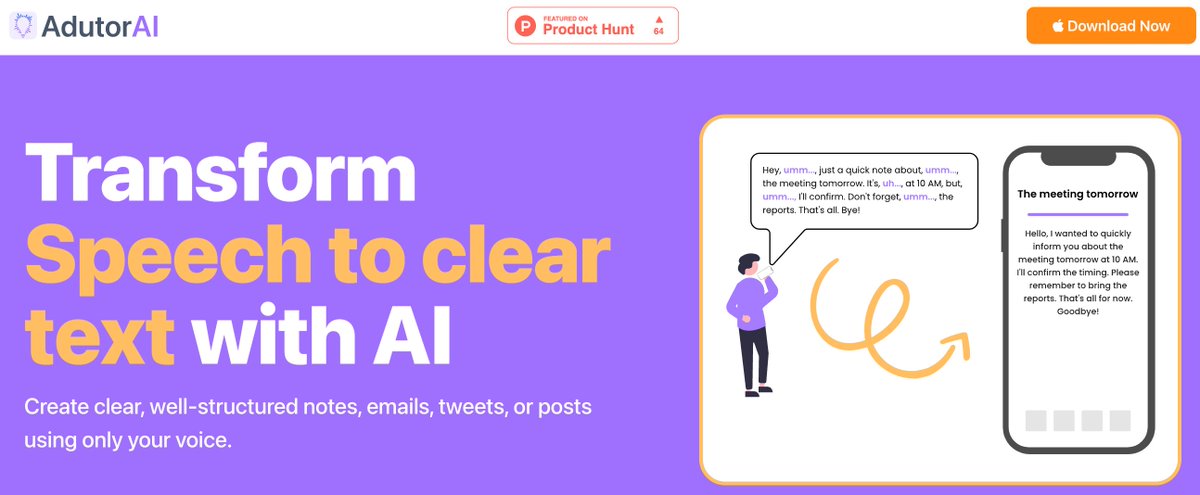 gasvianiu's tweet image. Updated landing page for AdutorAI.com.

Isn&apos;t it too colorful?

#buildinpublic #sideproject #speechtotext