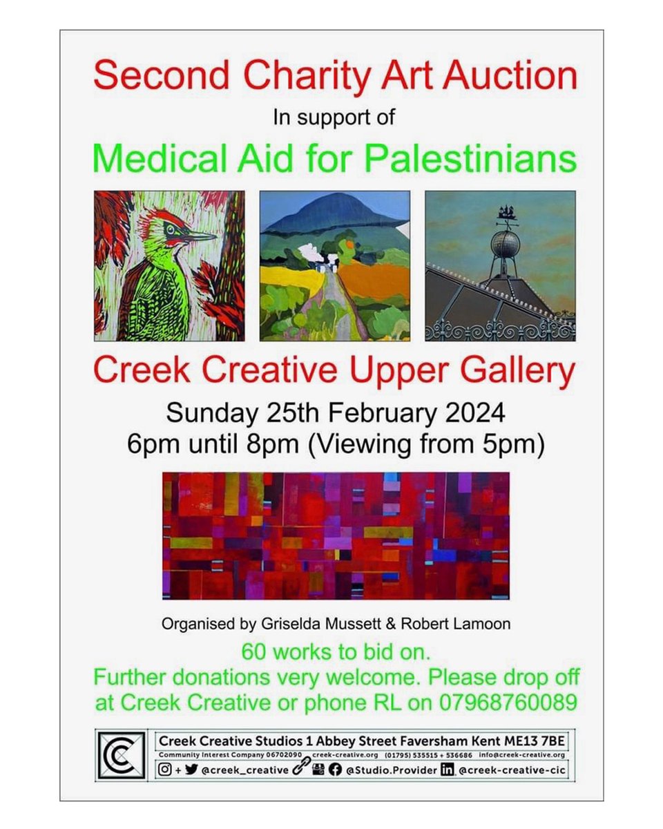 AmandaPictures's tweet photo. Art Auction in support of @MedicalAidPal @creek_creative this Sunday. An auction of 60 artworks; donated by local artists, in aid of the urgent humanitarian crisis in Gaza. You can also donate directly at @MedicalAidPal ❤️

#EveryPalestinian #CeasefireNOW https://t.co/mxMsHBfONa