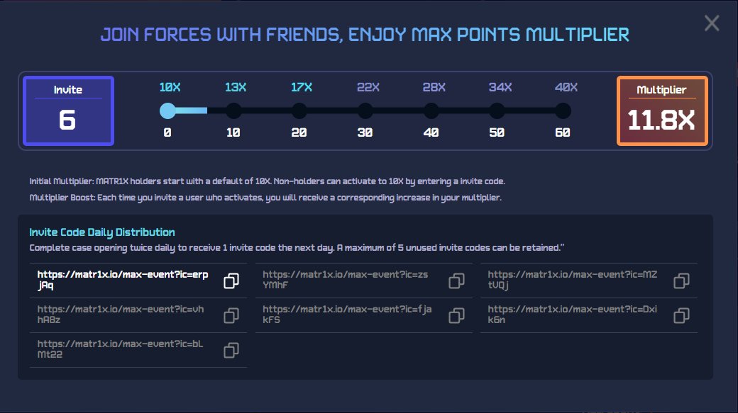 Shimal2i_eth's tweet photo. 💖 Don't Miss Out: Your Chance at Exclusive MAX Rewards Awaits!✨

 @Matr1xOfficial Introducing the MAX Score Airdrop Event!🚀

The future of digital assets with our MAX Score Airdrop Event. This guide will walk you through how to participate and maximize your rewards!

✨ What is MAX Score? ✨

MAX Score isn't just a number; it's your ticket to exciting $MAX token airdrops! The higher your MAX Score, the bigger the airdrop you can expect.

🔑 $MAX  The Heart of MATR1X 🔑

$MAX tokens are central to the MATR1X platform, offering governance and utility across various facets, including esports, NFTs, and game distributions. Remember, there's a cap at 1 billion tokens, making $MAX a coveted asset!

📚 Detailed insights here: https://t.co/X85pQCVdbT

🎯 Earning Your MAX Score 🎯

To earning MAX Score involves Base Points and Multipliers. It's simple: Max Score = Base Points * Multiplier. Let's break it down:

1. Base Points: Earn these through Initial Rewards, Raffle Rewards, and Task Rewards.
   - Initial Rewards: Calculated from your wallet's data.
   - Raffle Rewards: Try your luck in daily raffles!
   - Task Rewards: Complete tasks to earn more!

2. Activation Process: Go to the main event page, bind your wallet, and hit "Activate". Follow the prompts to "CHECK" and then "CLAIM" to secure your points.

🎁 Boost Your Multiplier: Start with a default multiplier and increase it by holding MATR1X NFTs or using an invite code. Invite friends to boost it further!

🔄 Daily Raffles & Tasks: Keep engaging with daily raffles and tasks for more keys and points. It's all about staying active and involved!

💡 Tip: doing task and claims the reward to avoid missing out on rewards due to resets or expirations.

📈 The Path Ahead: Your engagement and participation pave the way for exciting rewards. Keep an eye on your progress and take every opportunity to boost your score!

🔗The way to get Lambo is here : https://t.co/Egjo57gQsy

Stay tuned for updates, tips, and more. Let's get fire together and unlock the full potential of the $MAX token. Happy earning everyone!

💖 不要错过：独家 $MAX 奖励等你来拿！✨

介绍MAX积分空投活动！🚀

探索数字资产的未来，参与我们的MAX积分空投活动。本指南将指导你如何参与并最大化你的奖励！

✨ 什么是MAX积分？✨

MAX积分不仅仅是一个数字；它是你获得激动人心的$MAX代币空投的入场券！你的MAX积分越高，你可以期待的空投就越大。

🔑 $MAX ：MATR1X的核心🔑

$MAX 代币是MATR1X平台的核心，提供治理和实用性，涵盖电子竞技、NFT和游戏分发等多个方面。记住，代币上限为10亿，这使得$MAX成为一项令人垂涎的资产！

📚 详细了解：https://t.co/X85pQCVdbT

🎯 赚取你的MAX积分🎯

赚取MAX积分涉及基础点数和乘数。很简单：Max积分 = 基础点数 * 乘数。让我们一步步来分析：

基础点数：通过初始奖励、抽奖奖励和任务奖励获得。

初始奖励：根据你钱包的数据计算。
抽奖奖励：尝试每日抽奖的运气！
任务奖励：完成任务以赚取更多！
激活过程：转到主活动页面，绑定你的钱包，然后点击“激活”。按照提示进行“检查”然后“认领”以确保你的点数。

🎁 提升你的乘数：从默认乘数开始，通过持有MATR1X NFT或使用邀请码来增加它。邀请朋友可以进一步提升它！

🔄 每日抽奖和任务：继续参与每日抽奖和任务以获得更多钥匙和点数。关键是保持活跃和参与！

💡 提示：做任务并及时领取奖励，以避免因重置或过期而错过奖励。

📈 前进之路：你的参与和参与为激动人心的奖励铺平了道路。密切关注你的进度，并抓住每一个提高分数的机会！

🔗通往兰博基尼的道路就在这里：https://t.co/Egjo57gQsy

敬请期待更新、技巧等等。让我们一起努力，充分发挥 $MAX 代币的潜力。祝大家赚得开心！
