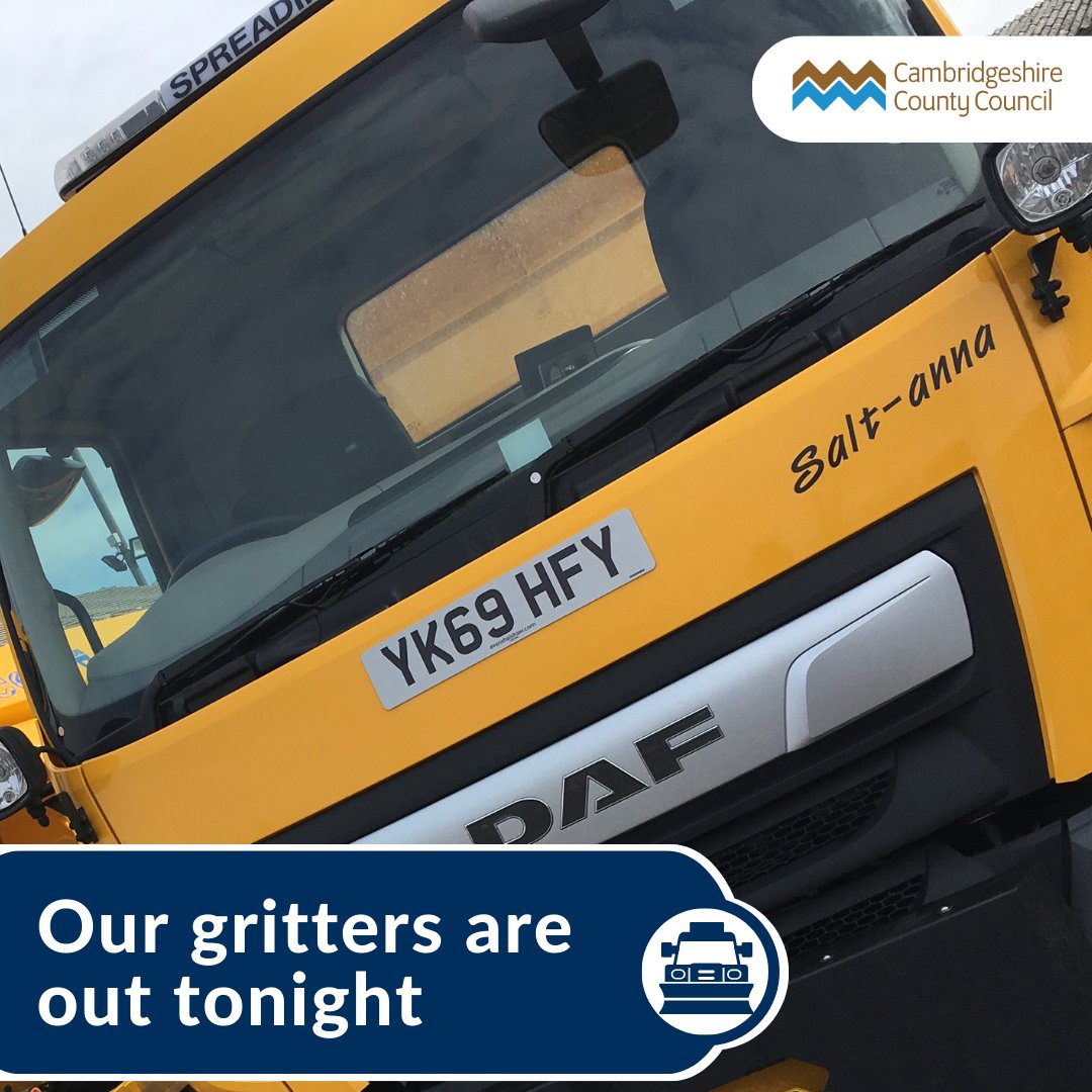 Our highways team has checked the weather monitors for tonight and tomorrow morning’s road surface temperatures, and they'll be gritting from 3am.

@Cambs_Traffic #GritterTwitter #BeSafe #CambsGritters #WinterReady #BeWinterwise