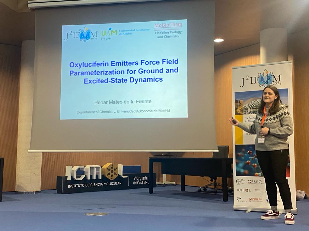 The next talk we are going to listen is presented by Henar Mateo, from Universidad Autónoma de Madrid, and is titled “Oxyluciferin Emitters Force Field Parameterization for Ground and Excited-State Dynamics” #J2IFAM2024