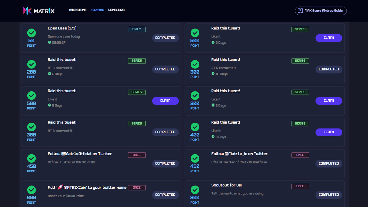 Shimal2i_eth's tweet photo. 💖 Don't Miss Out: Your Chance at Exclusive MAX Rewards Awaits!✨

 @Matr1xOfficial Introducing the MAX Score Airdrop Event!🚀

The future of digital assets with our MAX Score Airdrop Event. This guide will walk you through how to participate and maximize your rewards!

✨ What is MAX Score? ✨

MAX Score isn't just a number; it's your ticket to exciting $MAX token airdrops! The higher your MAX Score, the bigger the airdrop you can expect.

🔑 $MAX  The Heart of MATR1X 🔑

$MAX tokens are central to the MATR1X platform, offering governance and utility across various facets, including esports, NFTs, and game distributions. Remember, there's a cap at 1 billion tokens, making $MAX a coveted asset!

📚 Detailed insights here: https://t.co/X85pQCVdbT

🎯 Earning Your MAX Score 🎯

To earning MAX Score involves Base Points and Multipliers. It's simple: Max Score = Base Points * Multiplier. Let's break it down:

1. Base Points: Earn these through Initial Rewards, Raffle Rewards, and Task Rewards.
   - Initial Rewards: Calculated from your wallet's data.
   - Raffle Rewards: Try your luck in daily raffles!
   - Task Rewards: Complete tasks to earn more!

2. Activation Process: Go to the main event page, bind your wallet, and hit "Activate". Follow the prompts to "CHECK" and then "CLAIM" to secure your points.

🎁 Boost Your Multiplier: Start with a default multiplier and increase it by holding MATR1X NFTs or using an invite code. Invite friends to boost it further!

🔄 Daily Raffles & Tasks: Keep engaging with daily raffles and tasks for more keys and points. It's all about staying active and involved!

💡 Tip: doing task and claims the reward to avoid missing out on rewards due to resets or expirations.

📈 The Path Ahead: Your engagement and participation pave the way for exciting rewards. Keep an eye on your progress and take every opportunity to boost your score!

🔗The way to get Lambo is here : https://t.co/Egjo57gQsy

Stay tuned for updates, tips, and more. Let's get fire together and unlock the full potential of the $MAX token. Happy earning everyone!

💖 不要错过：独家 $MAX 奖励等你来拿！✨

介绍MAX积分空投活动！🚀

探索数字资产的未来，参与我们的MAX积分空投活动。本指南将指导你如何参与并最大化你的奖励！

✨ 什么是MAX积分？✨

MAX积分不仅仅是一个数字；它是你获得激动人心的$MAX代币空投的入场券！你的MAX积分越高，你可以期待的空投就越大。

🔑 $MAX ：MATR1X的核心🔑

$MAX 代币是MATR1X平台的核心，提供治理和实用性，涵盖电子竞技、NFT和游戏分发等多个方面。记住，代币上限为10亿，这使得$MAX成为一项令人垂涎的资产！

📚 详细了解：https://t.co/X85pQCVdbT

🎯 赚取你的MAX积分🎯

赚取MAX积分涉及基础点数和乘数。很简单：Max积分 = 基础点数 * 乘数。让我们一步步来分析：

基础点数：通过初始奖励、抽奖奖励和任务奖励获得。

初始奖励：根据你钱包的数据计算。
抽奖奖励：尝试每日抽奖的运气！
任务奖励：完成任务以赚取更多！
激活过程：转到主活动页面，绑定你的钱包，然后点击“激活”。按照提示进行“检查”然后“认领”以确保你的点数。

🎁 提升你的乘数：从默认乘数开始，通过持有MATR1X NFT或使用邀请码来增加它。邀请朋友可以进一步提升它！

🔄 每日抽奖和任务：继续参与每日抽奖和任务以获得更多钥匙和点数。关键是保持活跃和参与！

💡 提示：做任务并及时领取奖励，以避免因重置或过期而错过奖励。

📈 前进之路：你的参与和参与为激动人心的奖励铺平了道路。密切关注你的进度，并抓住每一个提高分数的机会！

🔗通往兰博基尼的道路就在这里：https://t.co/Egjo57gQsy

敬请期待更新、技巧等等。让我们一起努力，充分发挥 $MAX 代币的潜力。祝大家赚得开心！
