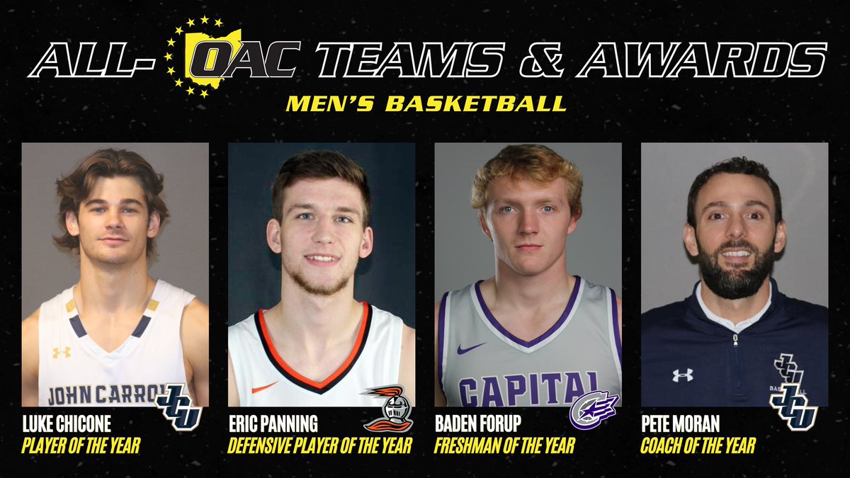 Ohio Athletic Conference (@ohathleticconf) on Twitter photo All-OAC Teams & Special Awards | Men’s Basketball 🏀
Player OTY - Luke Chicone, <a href="/JCUMensHoops/">JCU Men's Basketball</a>
Defensive Player OTY - Eric Panning, <a href="/BergMensBBall/">Heidelberg Basketball</a>
Freshman OTY - Baden Forup, <a href="/Capital_MBB/">Capital Basketball</a>
Coach OTY - Pete Moran, <a href="/JCUMensHoops/">JCU Men's Basketball</a>
Full List of All-OAC Teams: All-OAC Teams & Special Awards | Men’s Basketball 🏀
Player OTY - Luke Chicone, <a href="/JCUMensHoops/">JCU Men's Basketball</a>
Defensive Player OTY - Eric Panning, <a href="/BergMensBBall/">Heidelberg Basketball</a>
Freshman OTY - Baden Forup, <a href="/Capital_MBB/">Capital Basketball</a>
Coach OTY - Pete Moran, <a href="/JCUMensHoops/">JCU Men's Basketball</a>
Full List of All-OAC Teams: