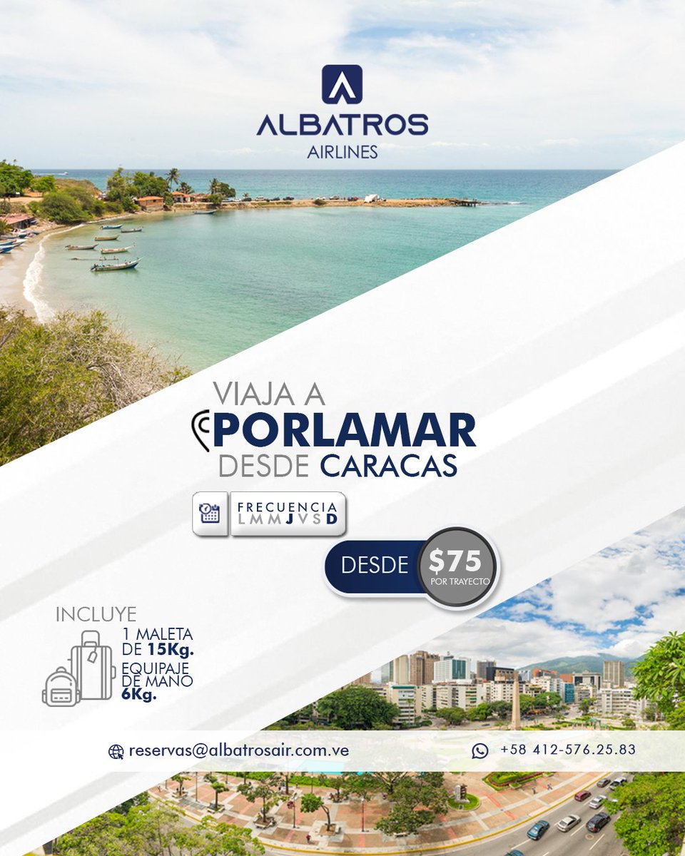 Te llevamos volando a Isla de Margarita desde Caracas, los días jueves y domingo. 

¡Reserva tu viaje y prepárate para vivir una #ExperienciaAlbatros! 

📱WhatsApp: wa.me/584125762583
📩 Correo: reservas@albatrosair.com.ve

#AlbatrosAirlines #Porlamar