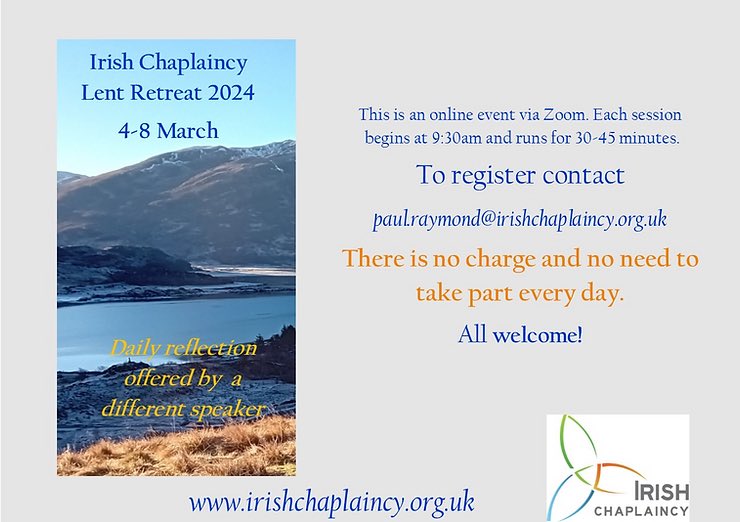 IrishSeniors's tweet photo. Coming soon our Free Lenten Online Retreat between 4 - 8 March. Register with paul.raymond@irishchaplaincy.org.uk
@CaritasWestm @brfcharity @CatholicBishops @irishinbritain @IrishColumbans @RC_Southwark @RCWestminster @WestminsterCath https://t.co/iR3NvAOv34