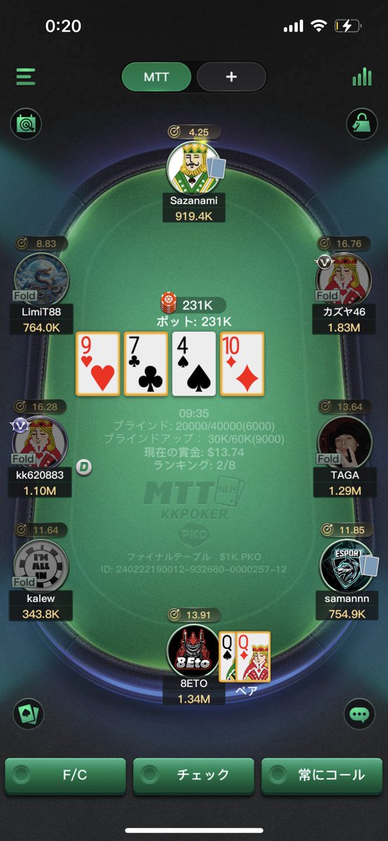 ate8ight's tweet photo. ファイナルテーブルだー！
ポーカー初心者だから嬉しい
#kkpoker https://t.co/Fp4Eiek5Te